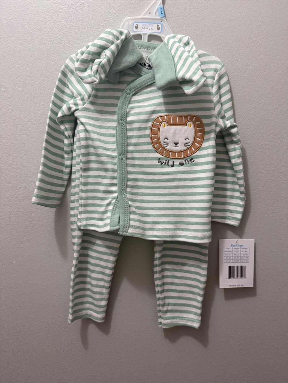 Striped Mint & White Toddler Pajama Set with Lion Applique